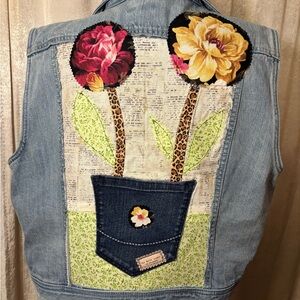 Chaps Light Blue Denim Vest up-cycled with a one of a kind floral design.